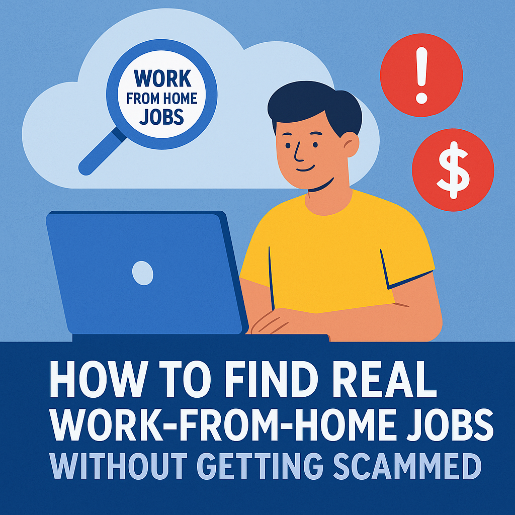"Person working remotely from home on a laptop with coffee, surrounded by icons of job search, security, and online communication – illustrating How to Find Real Work-from-Home Jobs Without Getting Scammed 💼🏠."